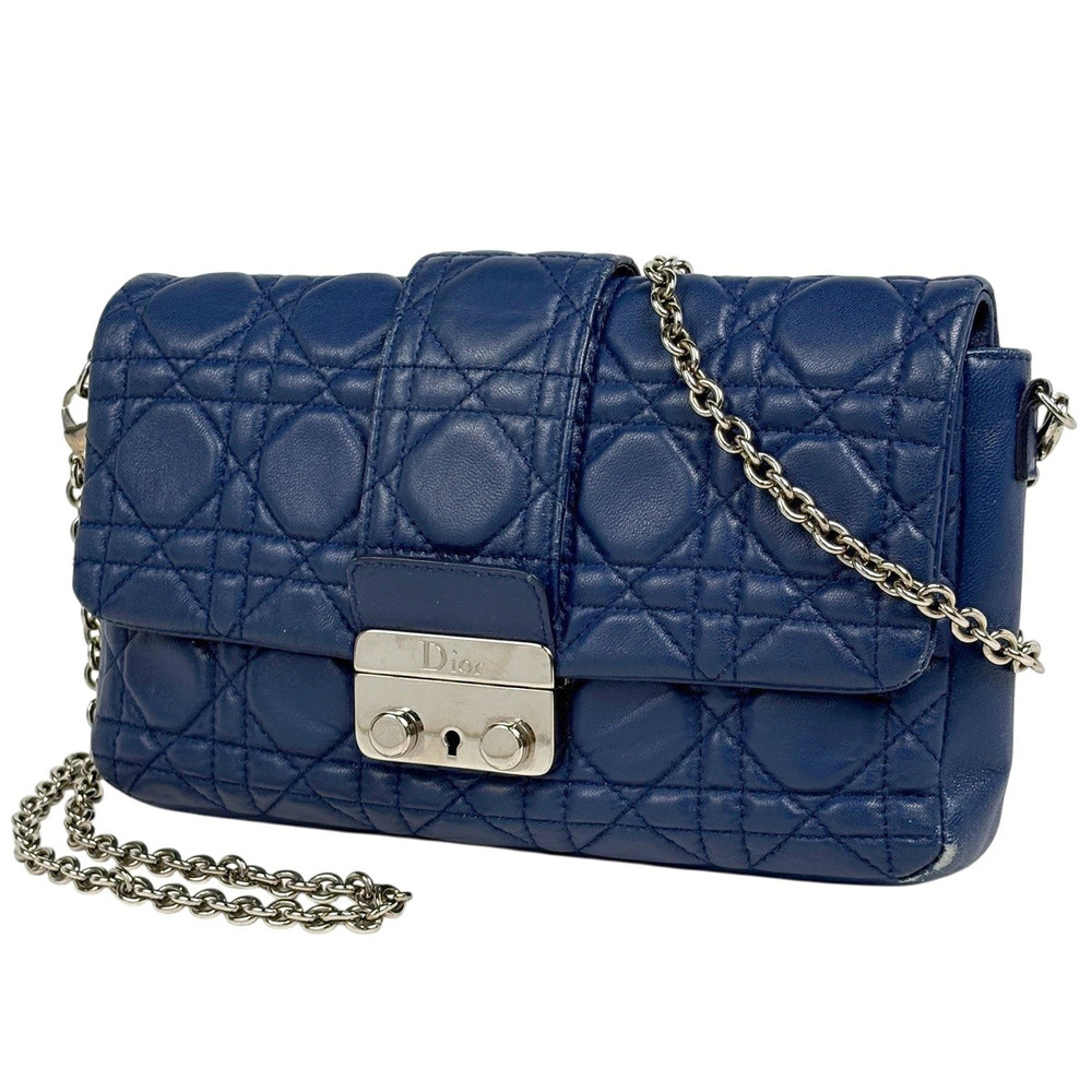 Christian Dior Cannage Quilted Chain Shoulder Bag Wallet Leather Blue